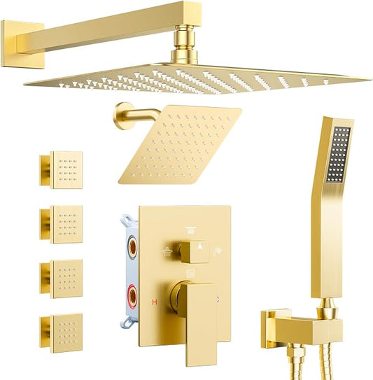 Shower Systems with 4 Body Spray Jets, STARBATH 4 Way 12+6" Rainfall Shower Head with Handheld Combo, Wall Mounted Shower Jets System in Wall Shower Faucet Sets Complete,Brushed Gold