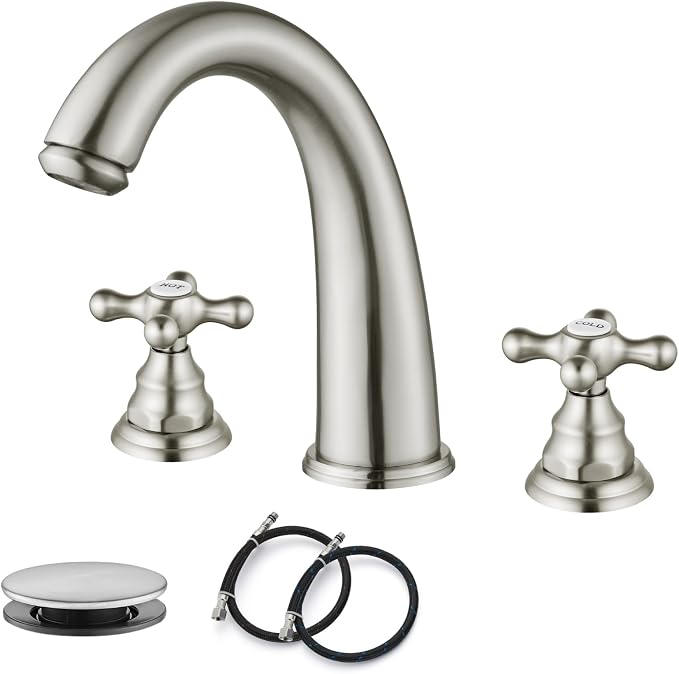 gotonovo Widespread Bathroom Sink Faucet 3 Hole Brushed Nickel,H&C Label | Vintage 8’’ Bathroom Faucet,2 Cross Handle,6-16’’ Sink,Vanity,RV,Farmhouse,SUS304,24’’ cUPC Hose,Pop Up Drain,Deck Mount
