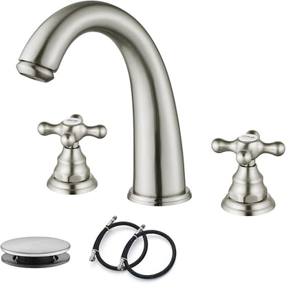 gotonovo Widespread Bathroom Sink Faucet 3 Hole Brushed Nickel,H&C Label | Vintage 8’’ Bathroom Faucet,2 Cross Handle,6-16’’ Sink,Vanity,RV,Farmhouse,SUS304,24’’ cUPC Hose,Pop Up Drain,Deck Mount