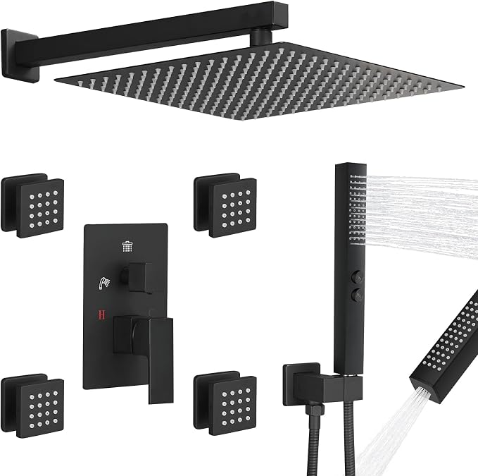 RUMOSE Rainfall Shower System with 4 Full Body Jet 4 Mode Shower Faucet Set | 12 Inch Rain Shower Head, 2 in 1 Handheld Spray, Matte Black Brass Shower Jet Shower Fixtures, Wall Mounted