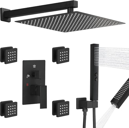 RUMOSE Rainfall Shower System with 4 Full Body Jet 4 Mode Shower Faucet Set | 12 Inch Rain Shower Head, 2 in 1 Handheld Spray, Matte Black Brass Shower Jet Shower Fixtures, Wall Mounted
