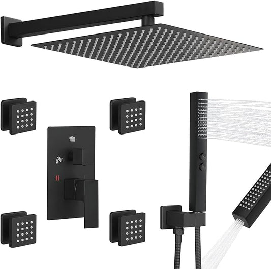 RUMOSE Rainfall Shower System with 4 Full Body Jet 4 Mode Shower Faucet Set | 12 Inch Rain Shower Head, 2 in 1 Handheld Spray, Matte Black Brass Shower Jet Shower Fixtures, Wall Mounted