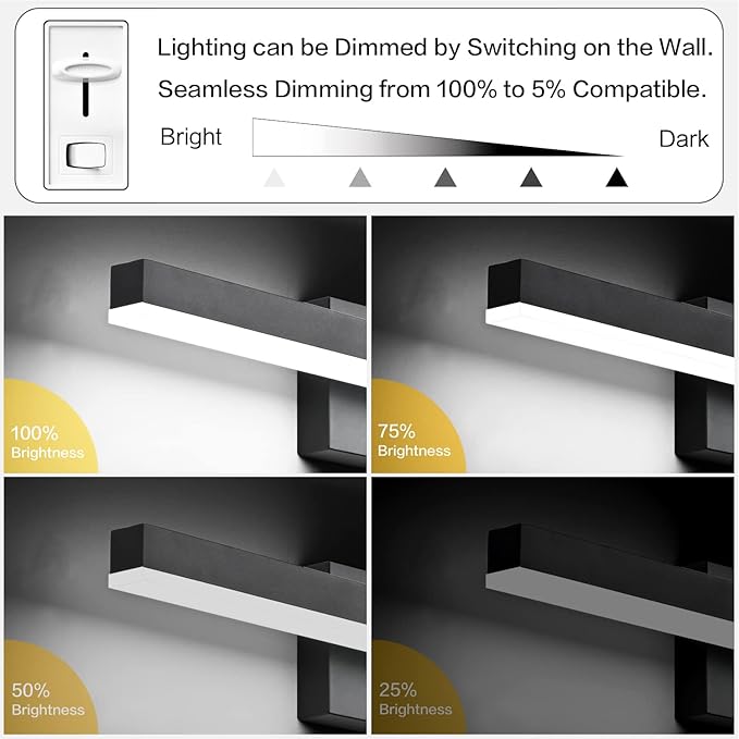 PRESDE Bathroom Light Fixtures Dimmable 40in Black LED Vanity Light for Bathroom Wall Lighting Fixtures Over Mirror（Cold White 6000K）