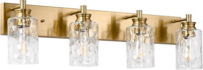 4 Light Bathroom Vanity Light Modern Brushed Gold Bathroom Light Fixtures Over Mirror with Hammered Glass Lampshade for Kitchen Hallway