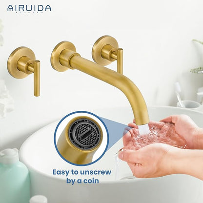 Airuida Wall Mounted Antique Brass 3 Hole Dual Handle Bathroom Faucet with 360 Swivel Spout Vanity Sink Mixer Tap, Matte Finish | Lever Handle,3 Holes,360° Widespread Swivel Spout,Rotatable Bathroom Faucet