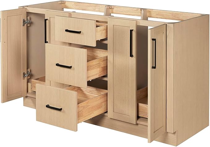 ARIEL Loren 60-inch Bathroom Vanity Base Cabinet,Solid Wood, 4 Soft Closing Doors, 3 Dovetail Drawers, Natural Oak