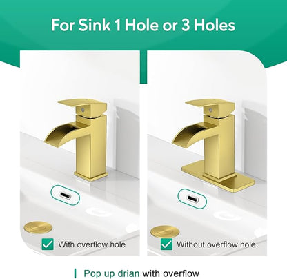 CREA Brushed Gold Waterfall Bathroom Faucet 1 Hole Single Handle Bathroom Sink Faucet with Pop Up Drain Stainless Steel Vanity Faucet Basin Mixer Tap Hot Cold Water Supply Line 3 Hole Deck Plate