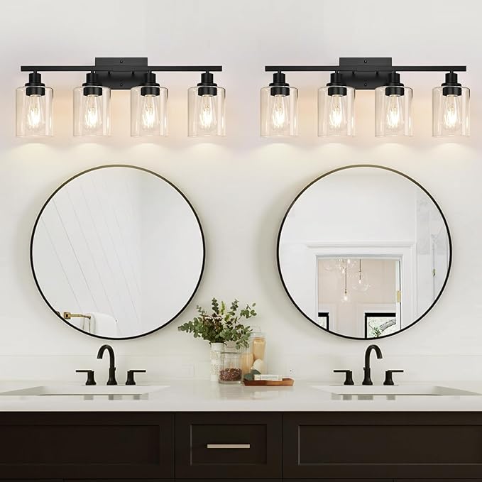 4-Light Bathroom Light Fixtures, Vanity Light with Clear Glass Shades, Matte Black Bathroom Light Fixtures Over Mirror, Modern Bathroom Wall Lamp for Mirror Living Room Cabinet Bedroom
