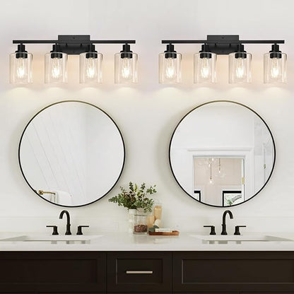 4-Light Bathroom Light Fixtures, Vanity Light with Clear Glass Shades, Matte Black Bathroom Light Fixtures Over Mirror, Modern Bathroom Wall Lamp for Mirror Living Room Cabinet Bedroom