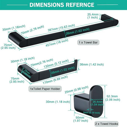 Matte Black Bathroom Hardware Set 4 Pieces, Stainless Steel Towel Bar Set Wall Mounted, Include 18 inch Towel Bar, Robe Towel Hooks, Toilet Paper Holder,Towel Racks Set for Bathroom