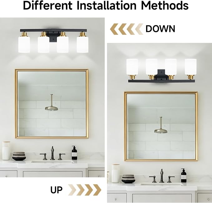 Black and Gold Bathroom Light Fixtures, 4-Light Vanity Lights,24" | Bathroom Vanity Lights with Milky White Glass Shade,Bathroom Lights Over Mirror Wall Lamp Sconces for Mirror Restroom Sink