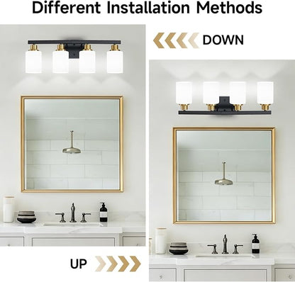 Black and Gold Bathroom Light Fixtures, 4-Light Vanity Lights,24" | Bathroom Vanity Lights with Milky White Glass Shade,Bathroom Lights Over Mirror Wall Lamp Sconces for Mirror Restroom Sink