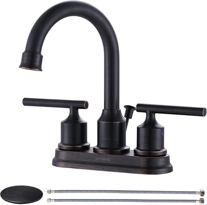 WOWOW Bronze Bathroom Faucet: Centerset, 3 Hole with Drain Stopper, Supply Hoses, 2 Handle, 360 Swivel Spout