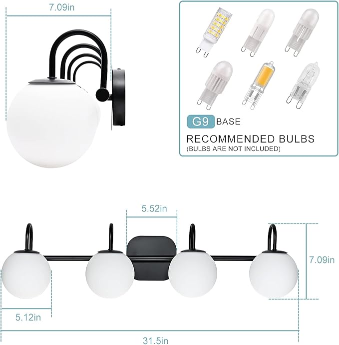Vintage Bathroom Light Fixtures 4-Lights Black Mid Century Vanity Lights with Milk White Glass Globe Shade Vintage Wall Sconces Lighting Bath Vanity Lights Bar Over Mirror(Exclude G9 Bulb)