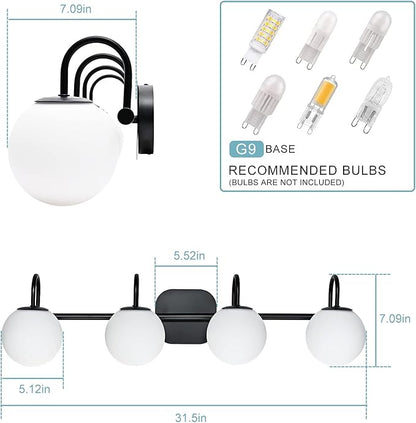 Vintage Bathroom Light Fixtures 4-Lights Black Mid Century Vanity Lights with Milk White Glass Globe Shade Vintage Wall Sconces Lighting Bath Vanity Lights Bar Over Mirror(Exclude G9 Bulb)