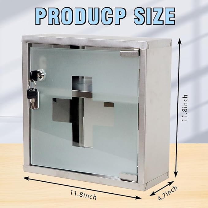 Locking Stainless Steel Medicine Cabinet, 2 Tier Wall Mounted Storage Cabinet, Durable Stainless Steel, Surface or Flush Mount, Ideal for Home, Office or First Aid, 11.8 in. x 4.7 in. x 11.8 in