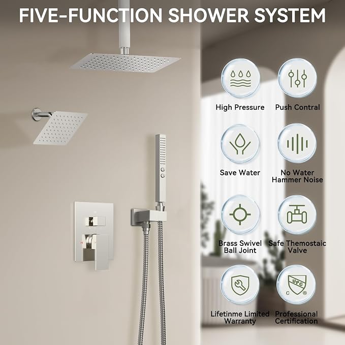 Shower Faucet Set Brushed Nickel Shower System,Bostingner Five Function Diverter Shower Faucet with 2 in 1 Handheld,10'' Ceiling Mount and 6’‘ Wall Mount Shower Head Rainfall Shower Set with Valve