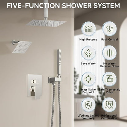 Shower Faucet Set Brushed Nickel Shower System,Bostingner Five Function Diverter Shower Faucet with 2 in 1 Handheld,10'' Ceiling Mount and 6’‘ Wall Mount Shower Head Rainfall Shower Set with Valve