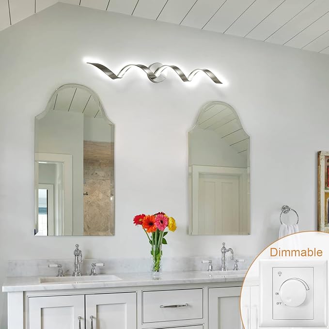 Dimmable Modern LED Bathroom Vanity Light 32 inch, 20W Spiral Design Bathroom Light Fixtures Over Mirror, Wall Light Fixtures for Bedroom Living Room, 6000K White Light
