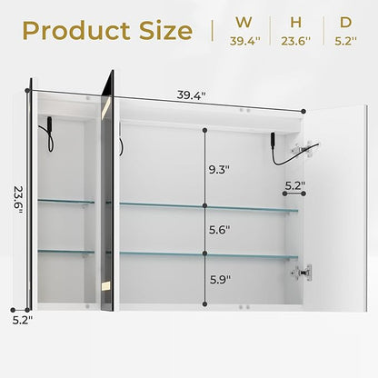 Hasuit Lighted Medicine Cabinet with Mirror, Wall Mounted Bathroom Mirror with Storage, 3 Doors Bathroom Wall Cabinet with LED Lights, 39.4'' x 23.6''