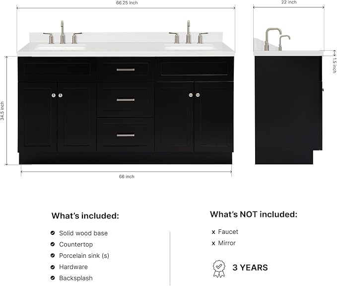 DKB Bradford 66-Inch Black Double Bathroom Vanity, 1.5" Edge Carrara Quartz Countertop & Backsplash, Rectangular Undermount Sinks, Soft Closing Doors & Drawers, Toe Kick, Brushed Nickel Hardware