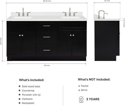 DKB Bradford 66-Inch Black Double Bathroom Vanity, 1.5" Edge Carrara Quartz Countertop & Backsplash, Rectangular Undermount Sinks, Soft Closing Doors & Drawers, Toe Kick, Brushed Nickel Hardware