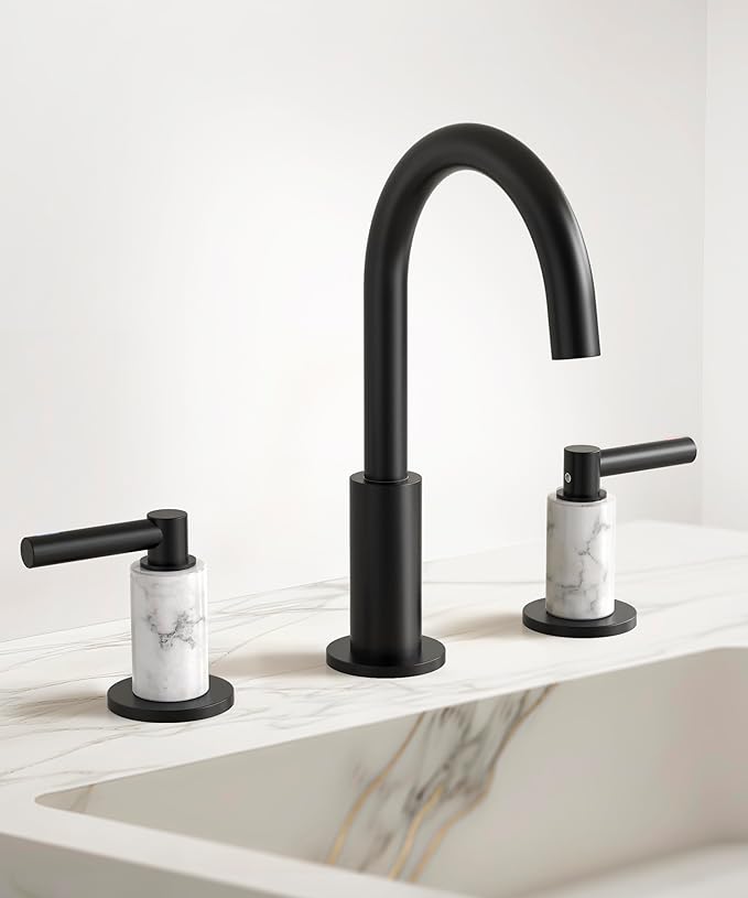KES Natural Italian Carrara Marble Matte Black Bathroom Faucet 3 Hole with All Metal Pop Up Sink Drain, 8 Inch Widespread Bathroom Sink Faucet for Vanity, 360° Swivel Spout, 18/8 Stainless Steel