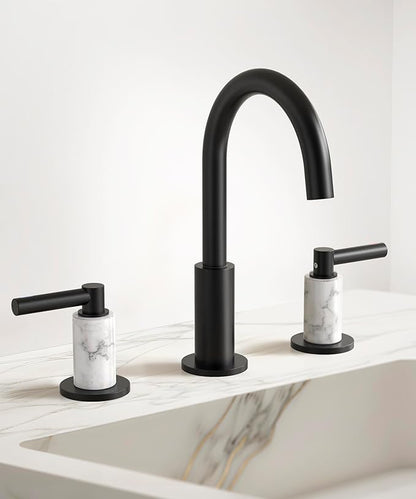 KES Natural Italian Carrara Marble Matte Black Bathroom Faucet 3 Hole with All Metal Pop Up Sink Drain, 8 Inch Widespread Bathroom Sink Faucet for Vanity, 360° Swivel Spout, 18/8 Stainless Steel
