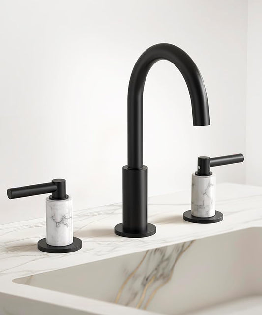 KES Natural Italian Carrara Marble Matte Black Bathroom Faucet 3 Hole with All Metal Pop Up Sink Drain, 8 Inch Widespread Bathroom Sink Faucet for Vanity, 360° Swivel Spout, 18/8 Stainless Steel