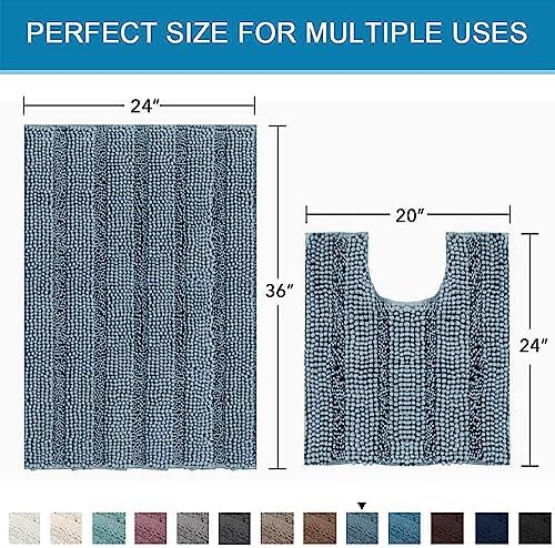 H.VERSAILTEX Bathroom Rugs Bath Rug Set 2 Piece Bathroom Contour Rug Toilet Mat Sets Non Slip Contour Bath Rug Ultra Thick Water Absorbent Striped Bath Mats(36" x 24" Plus 20" x 24" U, Stone Blue)