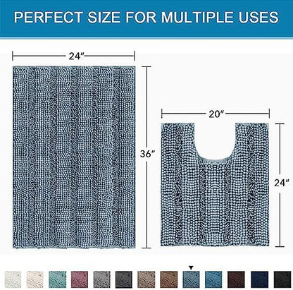 H.VERSAILTEX Bathroom Rugs Bath Rug Set 2 Piece Bathroom Contour Rug Toilet Mat Sets Non Slip Contour Bath Rug Ultra Thick Water Absorbent Striped Bath Mats(36" x 24" Plus 20" x 24" U, Stone Blue)
