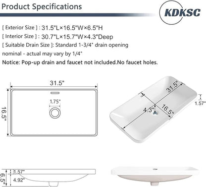 Bathroom Vessel Sink 31.5" X 16.5" Semi Recessed Bathroom Sink Rectangular Drop In Bathroom Sinks with Overflow White Ceramic Vessel Sinks for Bathroom Modern Above Counter Basin Vanity Sink