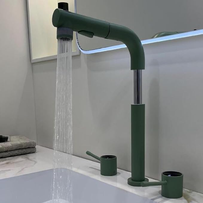 3 Hole Basin Faucets Pull Out Basin Mixer Faucet Brass-Green