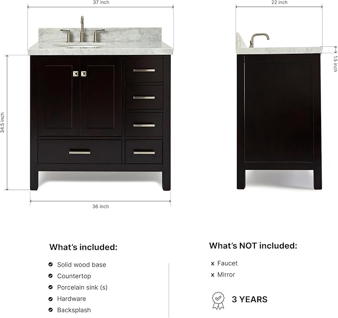 ARIEL Cambridge 36-inch Bathroom Vanity with Sink,Solid Wood, 1.5-inch Italian Carrara Marble Countertop & Backsplash, Single Oval Porcelain Sink, 2 Soft Closing Doors, 5 Dovetail Drawers, Espresso