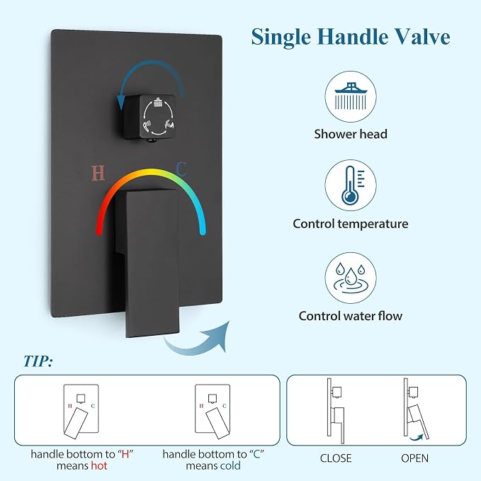 12 inch Square Shower Head and Handheld Set, Gasecoet Shower System with Tub Spout Wall Mounted Shower Faucet for Bathroom - Matte Black (With Shower Valve)