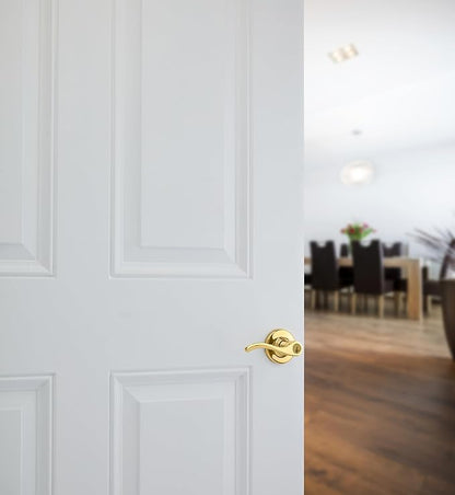 Kwikset Balboa Entry Door Handle with Lock and Key, Secure Keyed Reversible Lever Exterior, for Front Entrance and Bedrooms, Polished Brass, Pick Resistant Smartkey Rekey Security