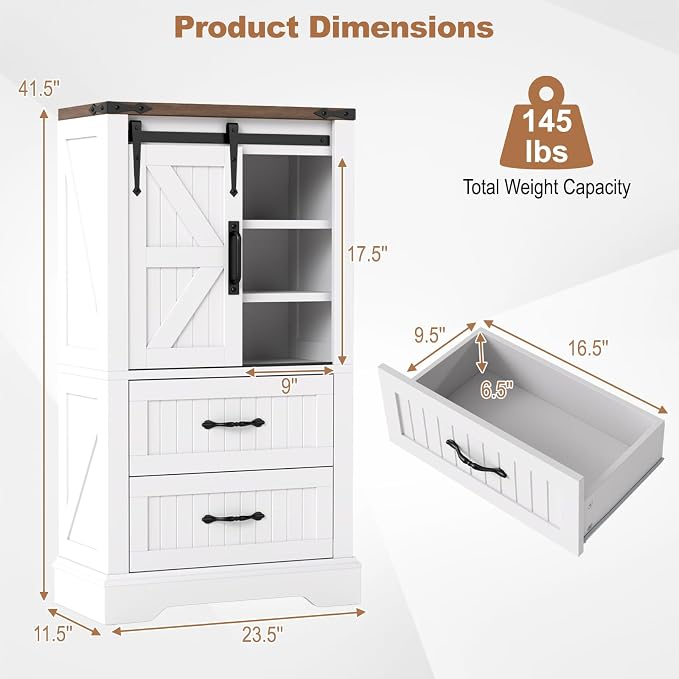 Giantex Bathroom Storage Cabinet, Farmhouse Wooden Floor Cabinet w/Sliding Barn Door, 2 Drawers & Adjustable Shelves, Modern Freestanding Storage Organizer for Living Room, Entryway, Kitchen
