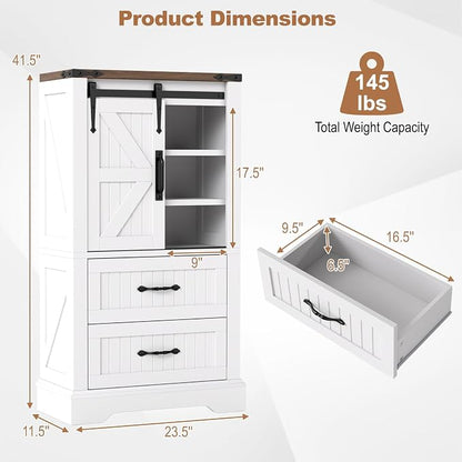 Giantex Bathroom Storage Cabinet, Farmhouse Wooden Floor Cabinet w/Sliding Barn Door, 2 Drawers & Adjustable Shelves, Modern Freestanding Storage Organizer for Living Room, Entryway, Kitchen