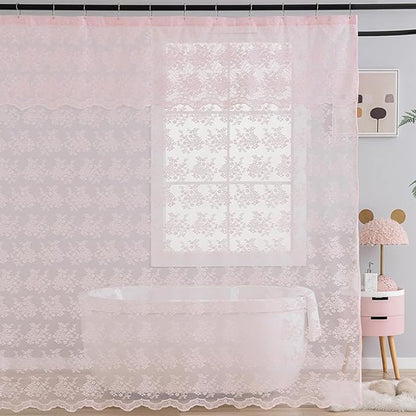 TUDECO Pink Lace Shower Curtain with Attached Valance, 72W x 84L Inch | Long Bathroom Curtain, Coquette Feminine Charm, Soft Color, Brightens Space, Scalloped Edges Reinforced Holes