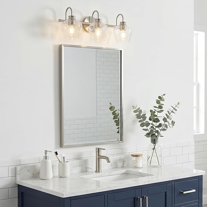 Brushed Nickel Vanity Light, 3 Light Bathroom Light Fixtures with Clear Diamond-Shape Hammered Glass, Silver Vintage Ripple Wall Lights for Hallway, Bedroom, Anti-Rust, E26 Base (No Bulbs)