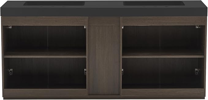 72" Bathroom Vanity with Double Sink, Freestanding Double Sink Bathroom Vanity with Black Engineered Stone Top, Open Storage Cabinet & Adjustable Shelf, 4 Soft-Closing Doors, Smoked Oak Brown