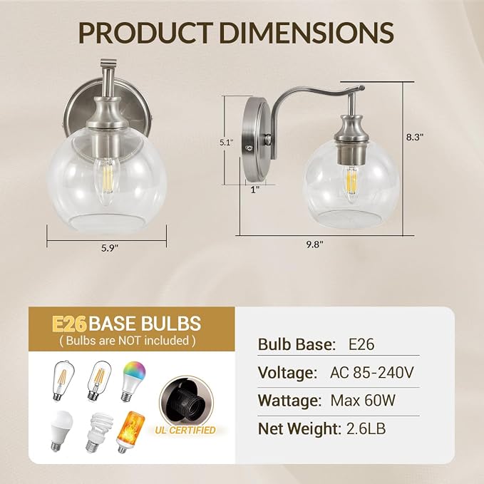 Brushed Nickel Bathroom Light Fixtures, 1-Light Vanity Lights, Modern Bathroom Wall Sconces Lighting with Globe Clear Glass Shade Up or Down Wall Mounted for Kitchen, Living Room, Hallway