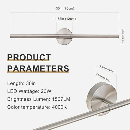 Brushed Nickel Bathroom Light Fixtures Over Mirror 30 Inch, 20W 360° Rotatable Dimmable 4000K LED Vanity Light Bar, Modern Bathroom Vanity Lights Above Mirror