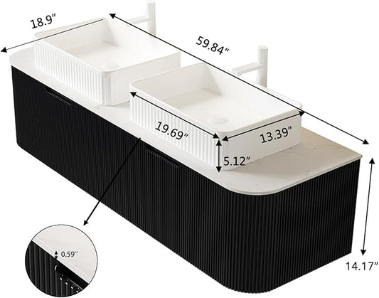 Yayzy 60" Floating Bathroom Vanity with Sink, Solid Wood Fluted Cabinet, White Fluted Square Ceramic Basin & Faux Marble Top, Soft-Close Drawer, Pre-Assembled, Gloss Black