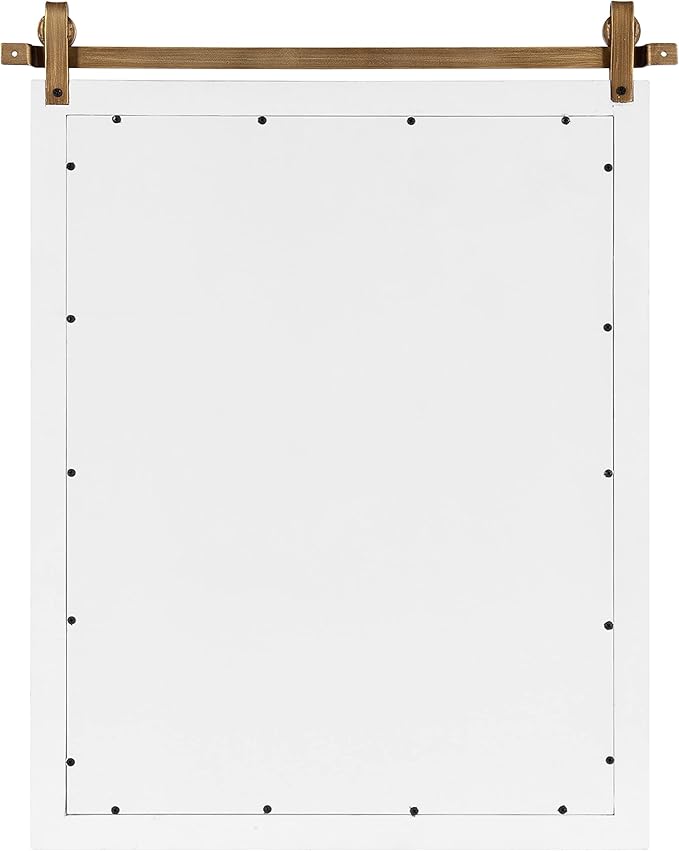 Kate and Laurel Skylan Modern Farmhouse Decorative Wood Framed Wall Mirror; 24 x 30; White and Antique Gold; Barn Door-Inspired Transitional Wall Hanging Mirror for Bathroom or Living Room Uses