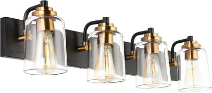 SOLFART Vintage Vanity Lighting Fixtures for Bathroom 4 Light Bathroom Vanity Light Black Brass Wall Light Sconce Light Black with Brass Light for Bath