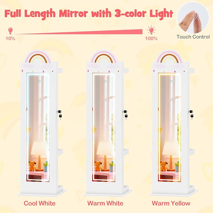 HONEY JOY Kids Jewelry Cabinet with LED Lights, Rainbow Standing Jewelry Armoire w/Full-Length Mirror & Makeup Mirror, Ring Slot, Lockable Princess Jewelry Organizer Storage for Toddler Girls(White)