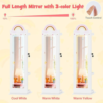 HONEY JOY Kids Jewelry Cabinet with LED Lights, Rainbow Standing Jewelry Armoire w/Full-Length Mirror & Makeup Mirror, Ring Slot, Lockable Princess Jewelry Organizer Storage for Toddler Girls(White)
