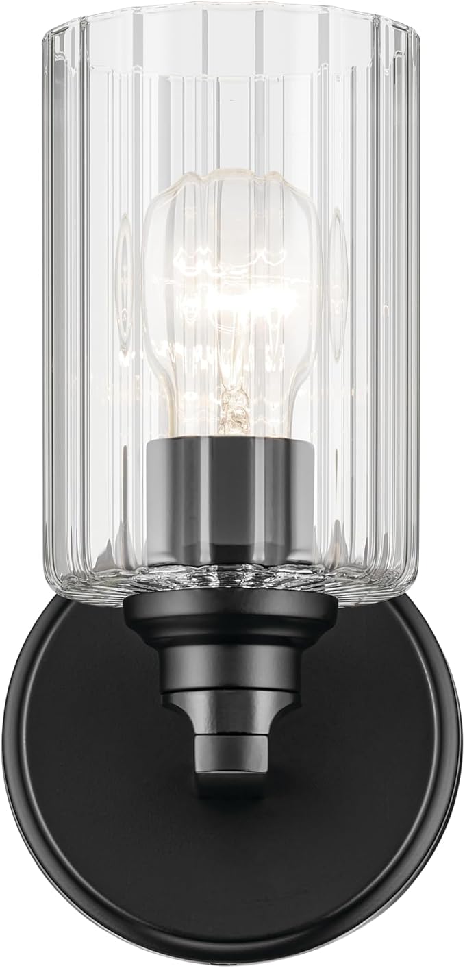 Kichler Gioe 5" 1-Light Wall Sconce with Clear Fluted Glass in Black, Damp Rated, for Powder Room, Kitchen, Hallway, Bedroom, Fireplace, (5" W x 9.5" H), 55224BKFLU