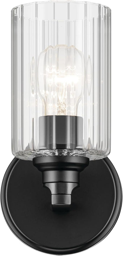 Kichler Gioe 5" 1-Light Wall Sconce with Clear Fluted Glass in Black, Damp Rated, for Powder Room, Kitchen, Hallway, Bedroom, Fireplace, (5" W x 9.5" H), 55224BKFLU
